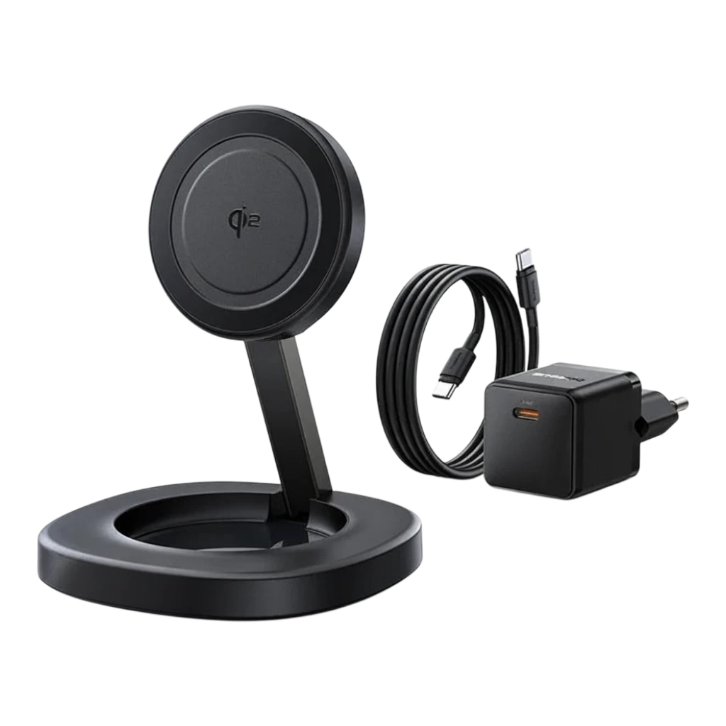 zero2cart foldable magnetic wireless charger stand with Type-C cable and power adapter in black