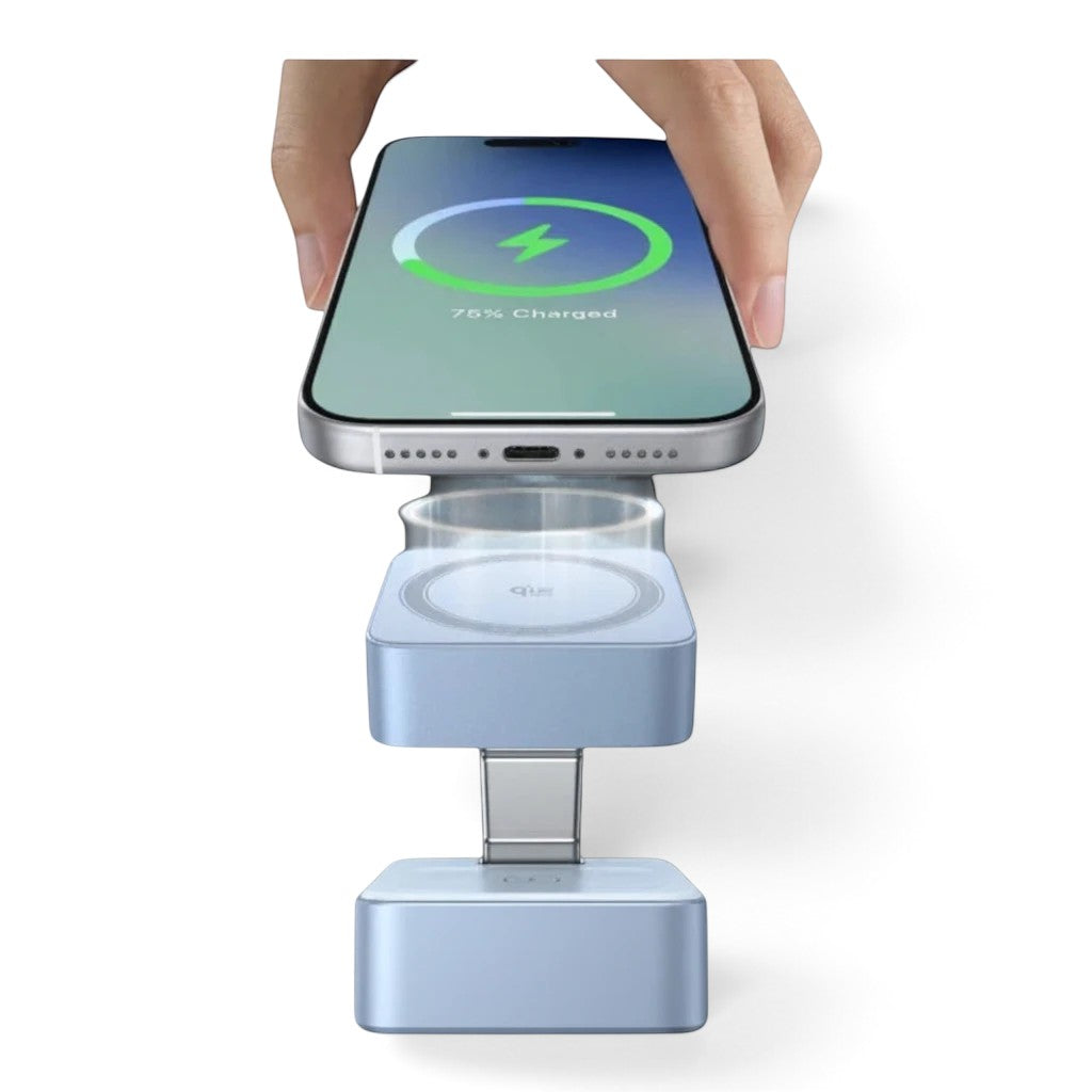 zero2cart foldable magnetic wireless charging station in light blue, showing a smartphone being placed on the stand.