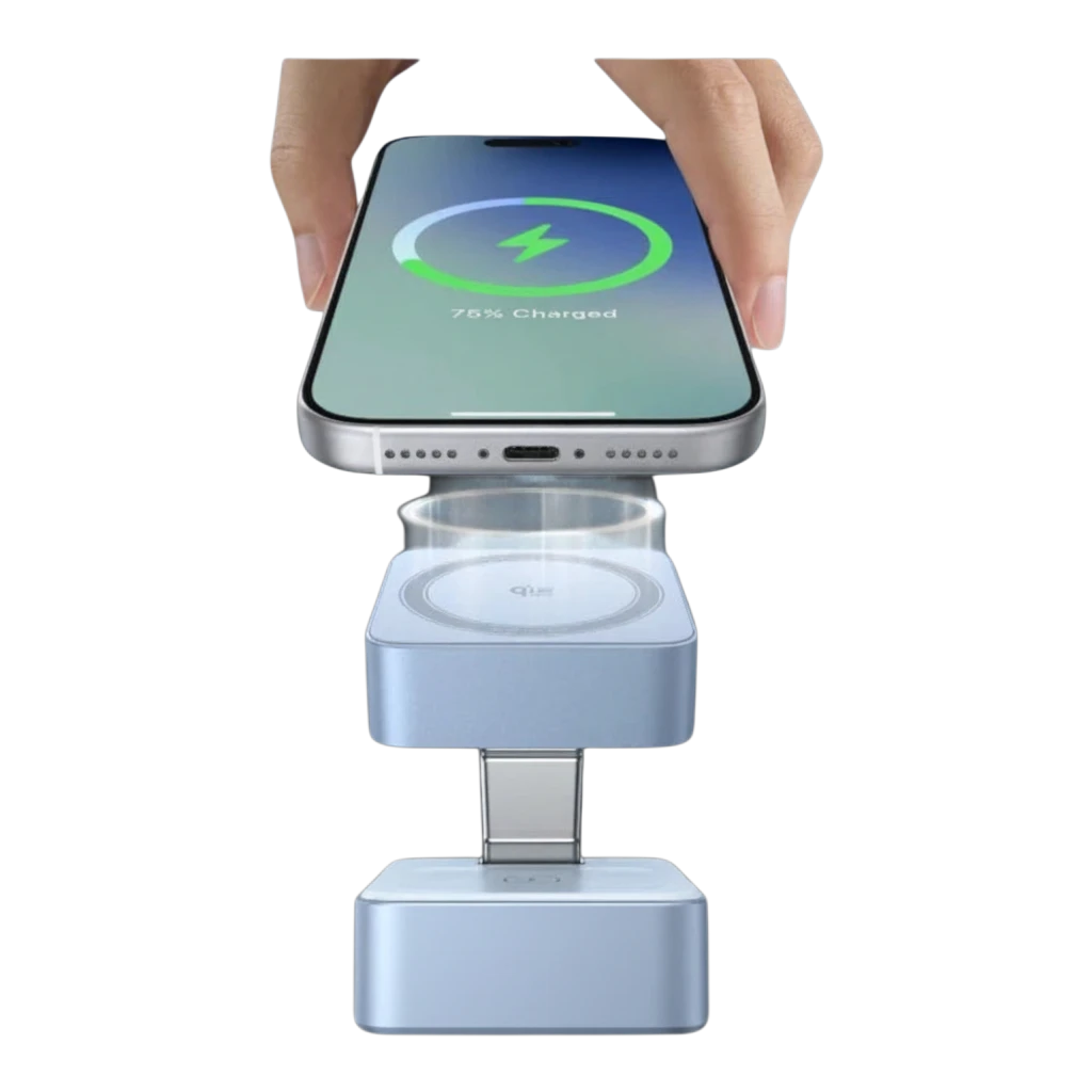 zero2cart foldable magnetic wireless charging station in light blue, showing a smartphone being placed on the stand.