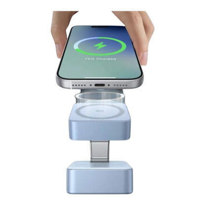 zero2cart foldable magnetic wireless charging station in light blue, showing a smartphone being placed on the stand.