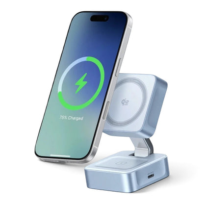 zero2cart foldable magnetic wireless charging station in light blue charging a smartphone on a dark background