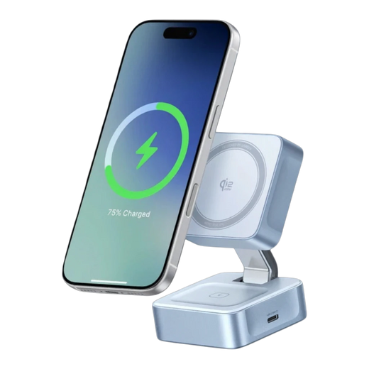 zero2cart foldable magnetic wireless charging station in light blue charging a smartphone on a dark background