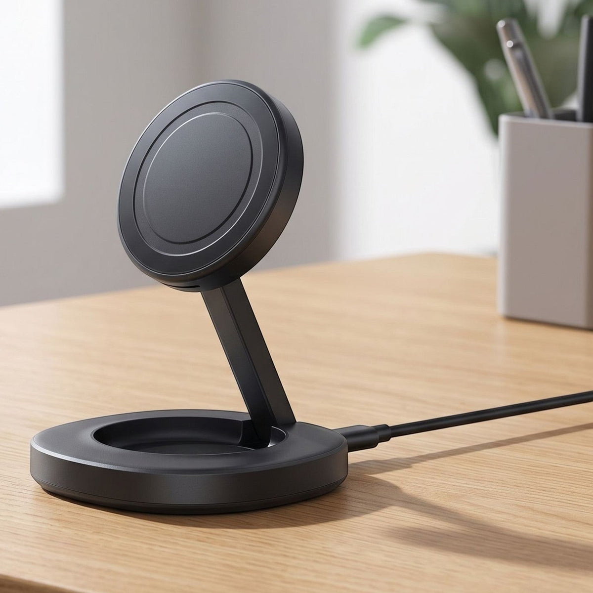 zero2cart foldable magnetic wireless charger stand in matte black on a wooden desk for phone and earbud charging