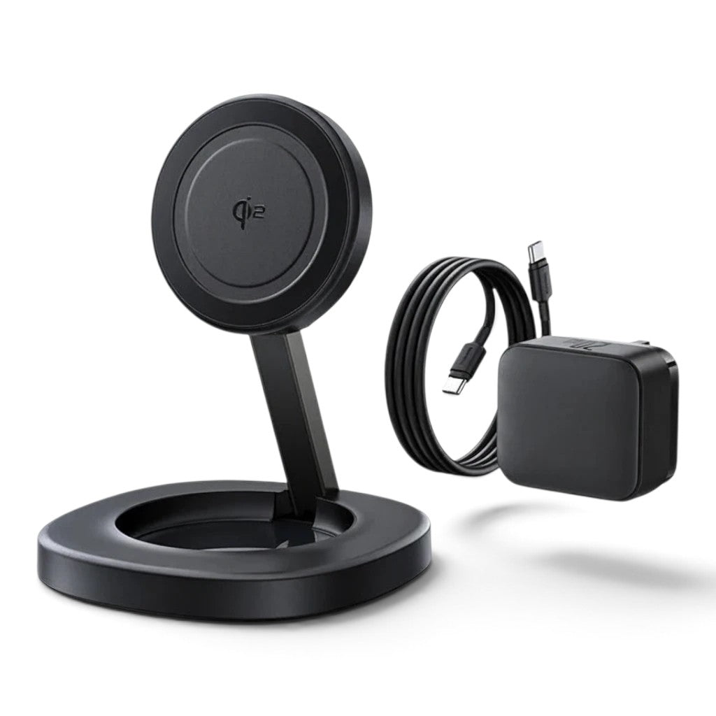 zero2cart foldable magnetic wireless charger stand with Type-C cable and power adapter for phones and earbuds
