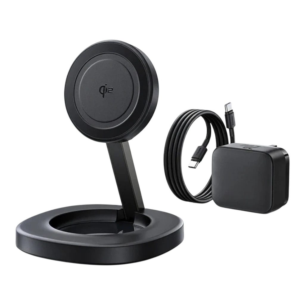 zero2cart foldable magnetic wireless charger stand with Type-C cable and power adapter for phones and earbuds