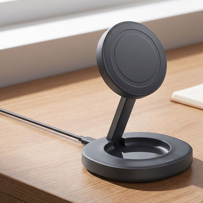zero2cart foldable magnetic wireless charger stand in matte black for phones and earbuds on a wooden desk