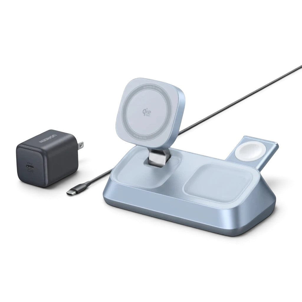 zero2cart 3-in-1 foldable magnetic wireless charging station in light blue for phone, smartwatch, and earbuds