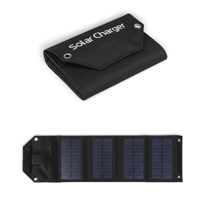 zero2cart foldable black solar charging panel with USB output, shown folded and unfolded for outdoor camping use.