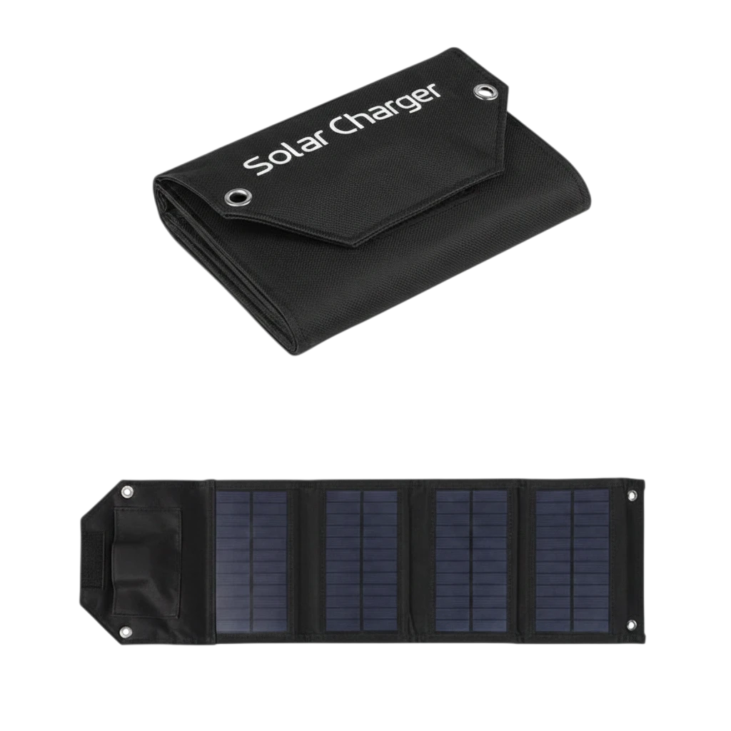 zero2cart foldable black solar charging panel with USB output, shown folded and unfolded for outdoor camping use.