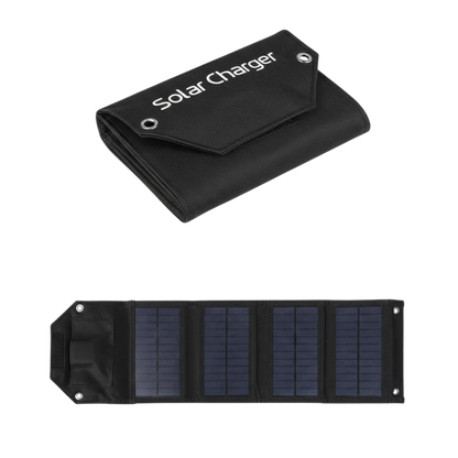 zero2cart foldable black solar charging panel with USB output, shown folded and unfolded for outdoor camping use.