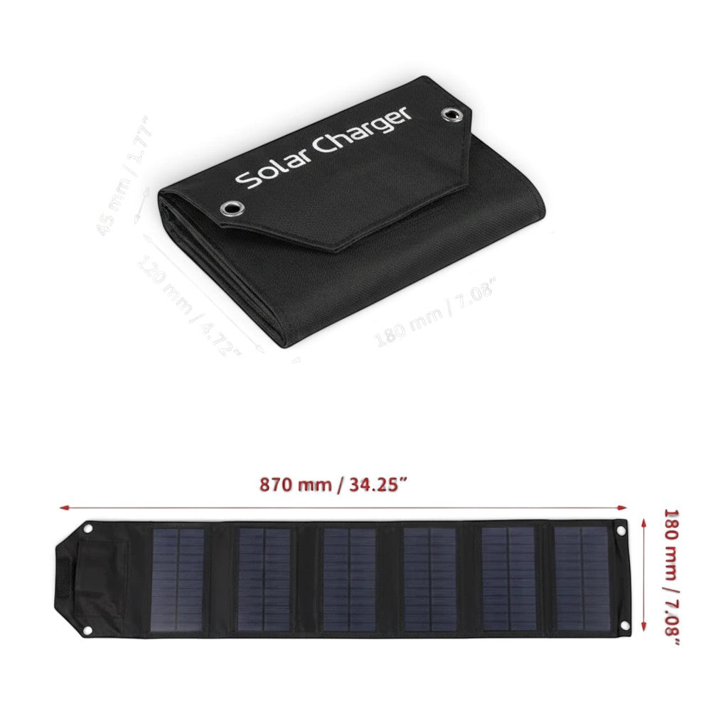 zero2cart foldable solar charging panel shown folded and fully extended with dimensions for outdoor camping use