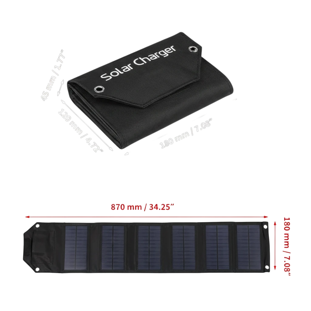 zero2cart foldable solar charging panel shown folded and fully extended with dimensions for outdoor camping use