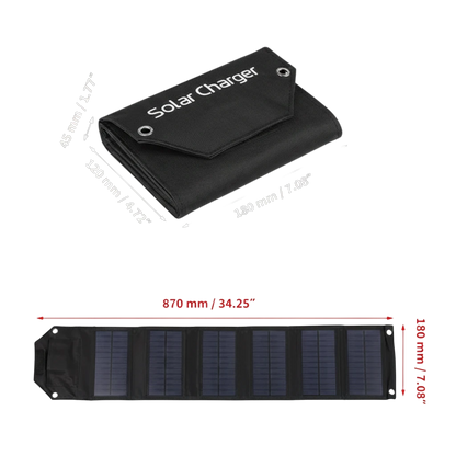 zero2cart foldable solar charging panel shown folded and fully extended with dimensions for outdoor camping use