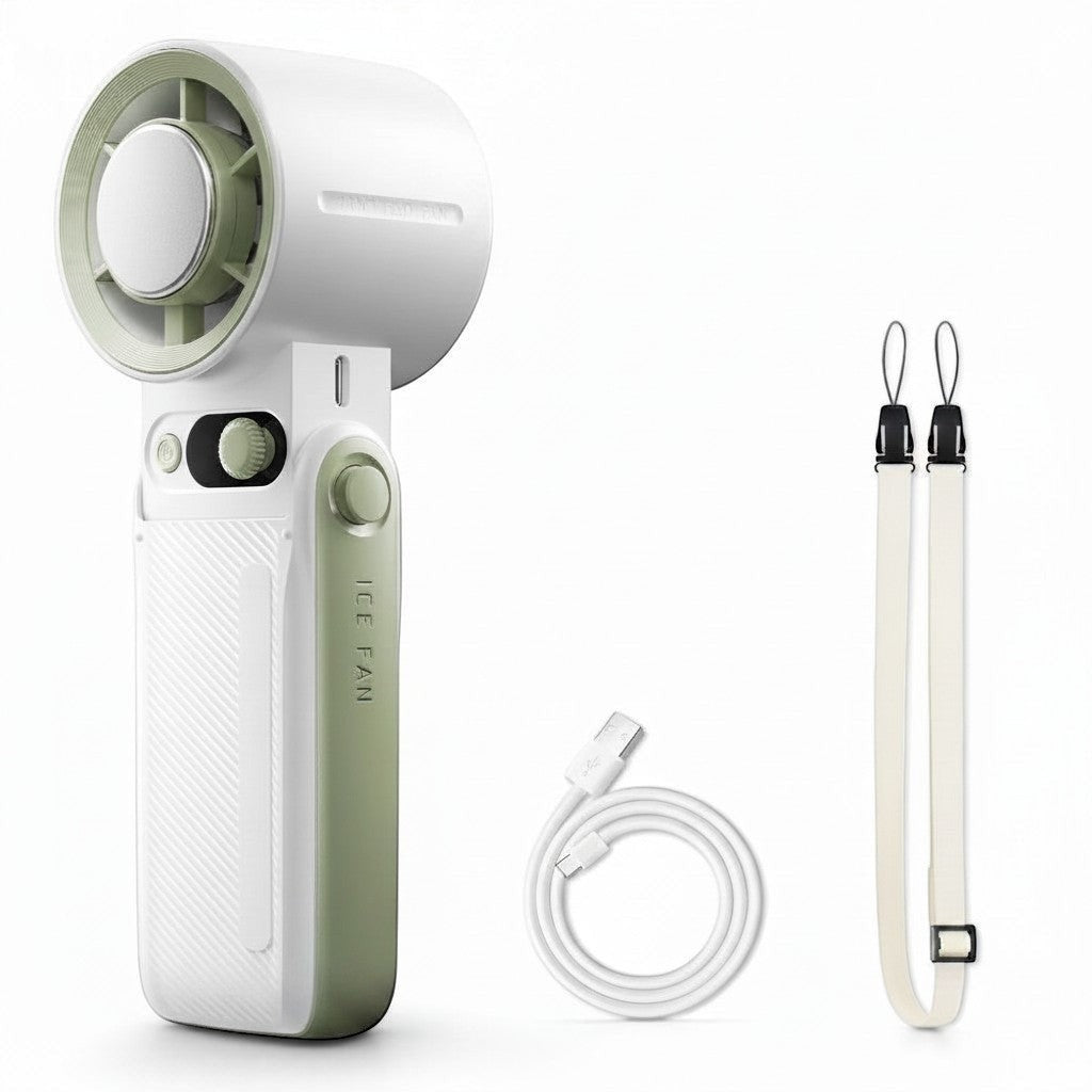 zero2cart foldable handheld turbo fan in white and sage green with LED display, charging cable, and neck lanyard