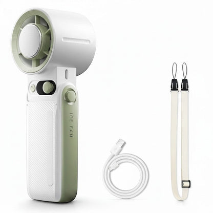 zero2cart foldable handheld turbo fan in white and sage green with LED display, charging cable, and neck lanyard