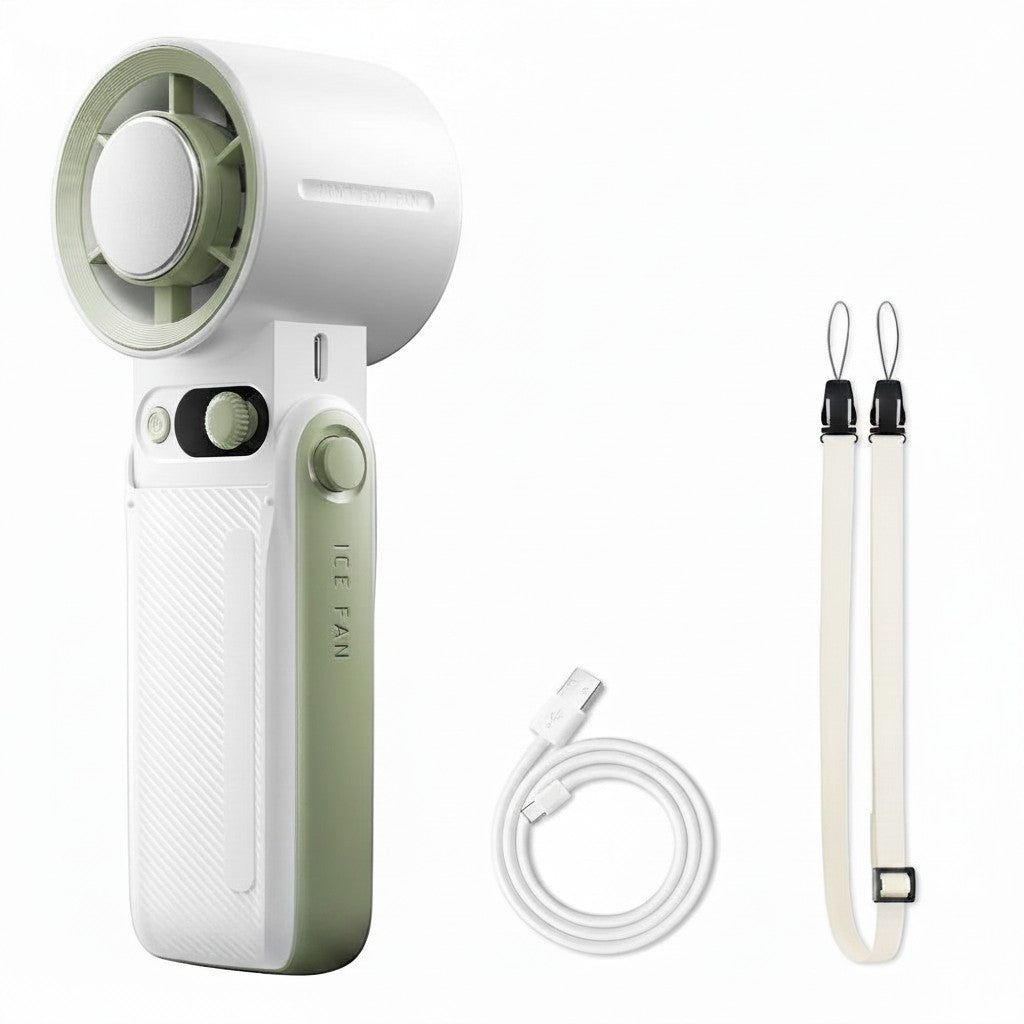 zero2cart foldable handheld turbo fan in white and sage green with LED display, charging cable, and neck lanyard