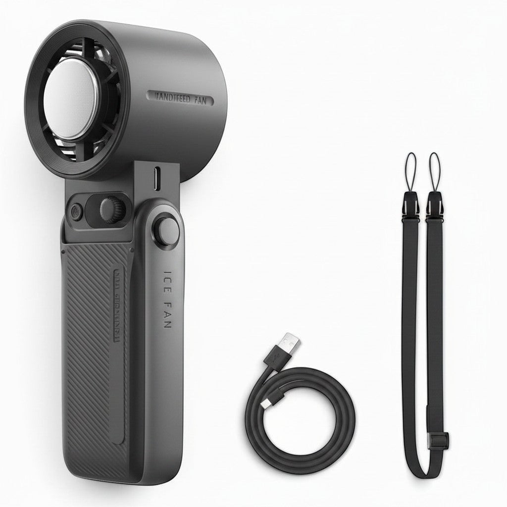 zero2cart foldable turbo handheld fan in dark grey with LED display, charging cable, and lanyard on white background