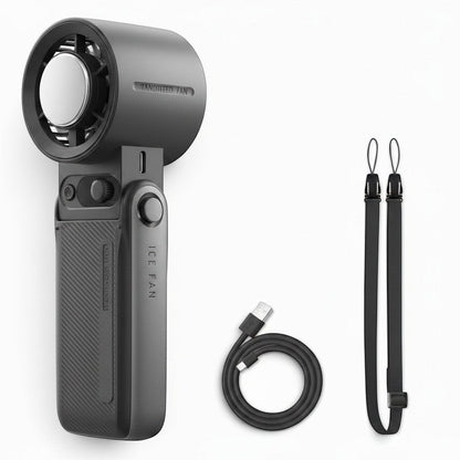 zero2cart foldable turbo handheld fan in dark grey with LED display, charging cable, and lanyard on white background
