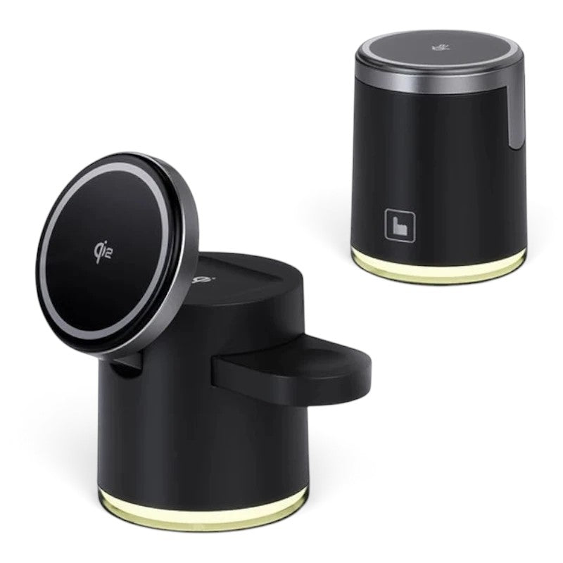 zero2cart 3-in-1 foldable wireless charging station in black with magnetic phone mount and ambient night light