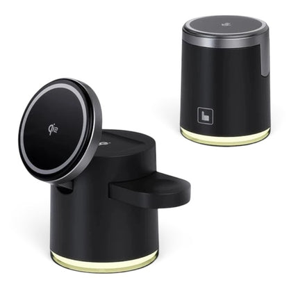 zero2cart 3-in-1 foldable wireless charging station in black with magnetic phone mount and ambient night light
