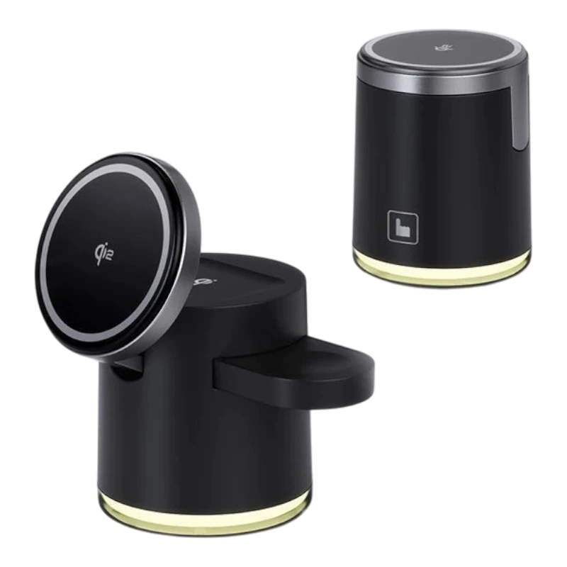 zero2cart 3-in-1 foldable wireless charging station in black with magnetic phone mount and ambient night light