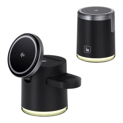zero2cart 3-in-1 foldable wireless charging station in black with magnetic phone mount and ambient night light