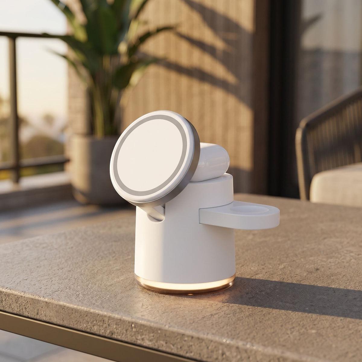 zero2cart white 3-in-1 foldable magnetic wireless charging station with ambient night light base on a patio table