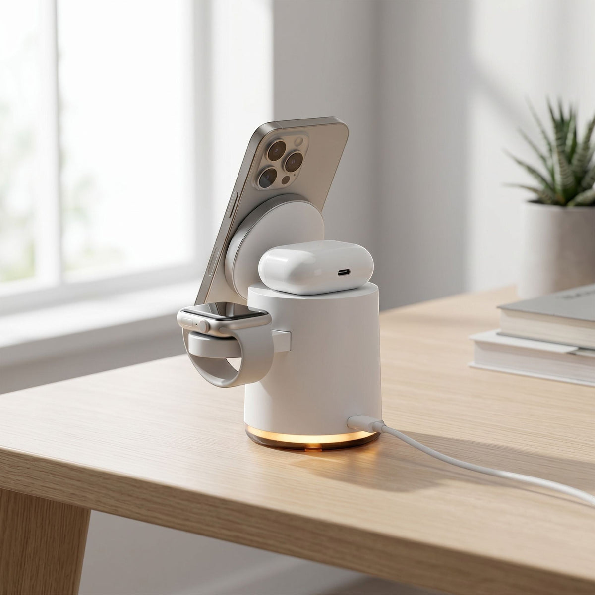 zero2cart white 3-in-1 foldable wireless charging station with phone, smartwatch, and earbuds on a wooden desk.