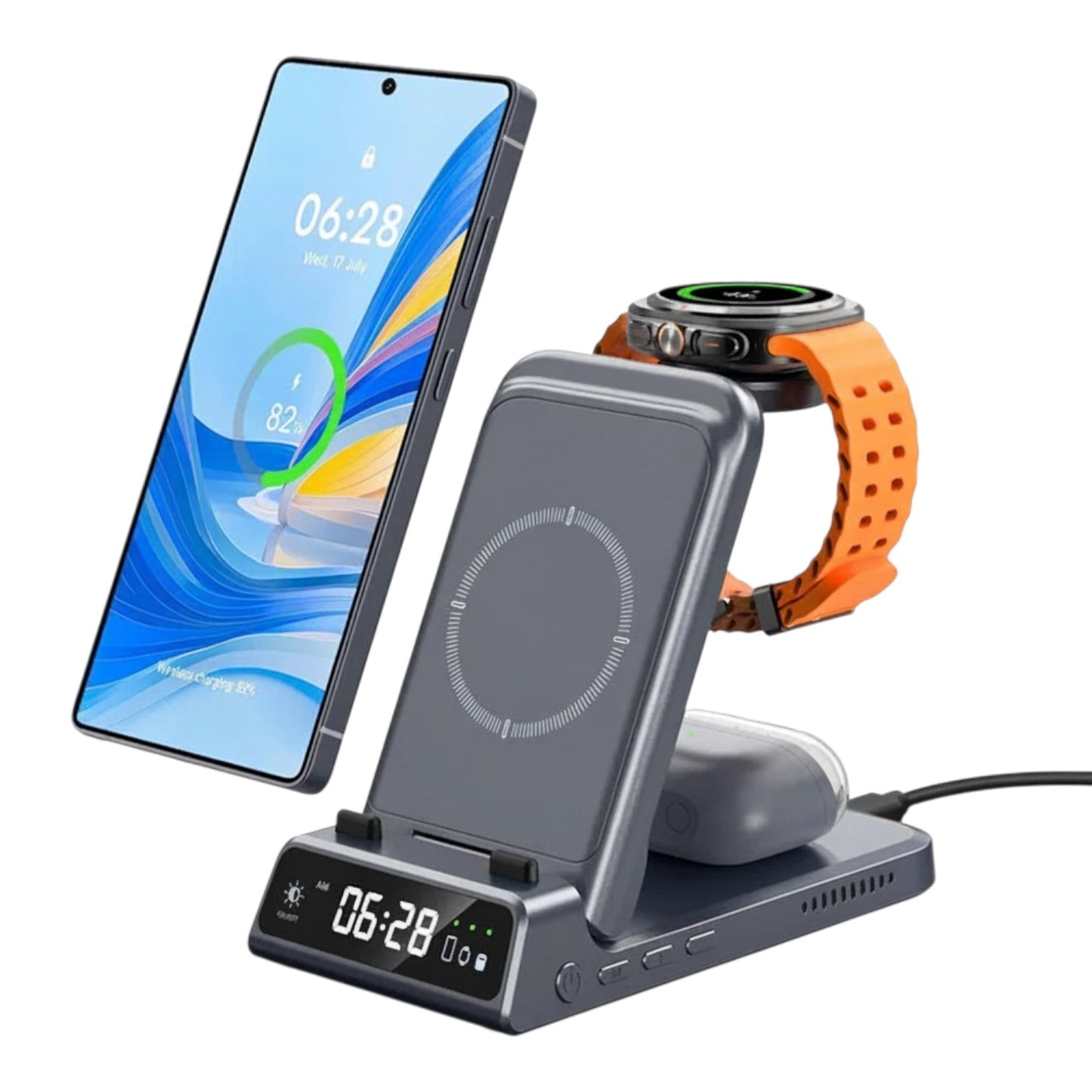 zero2cart 3-in-1 foldable wireless charging station with digital clock, charging a smartphone, watch, and earbuds.