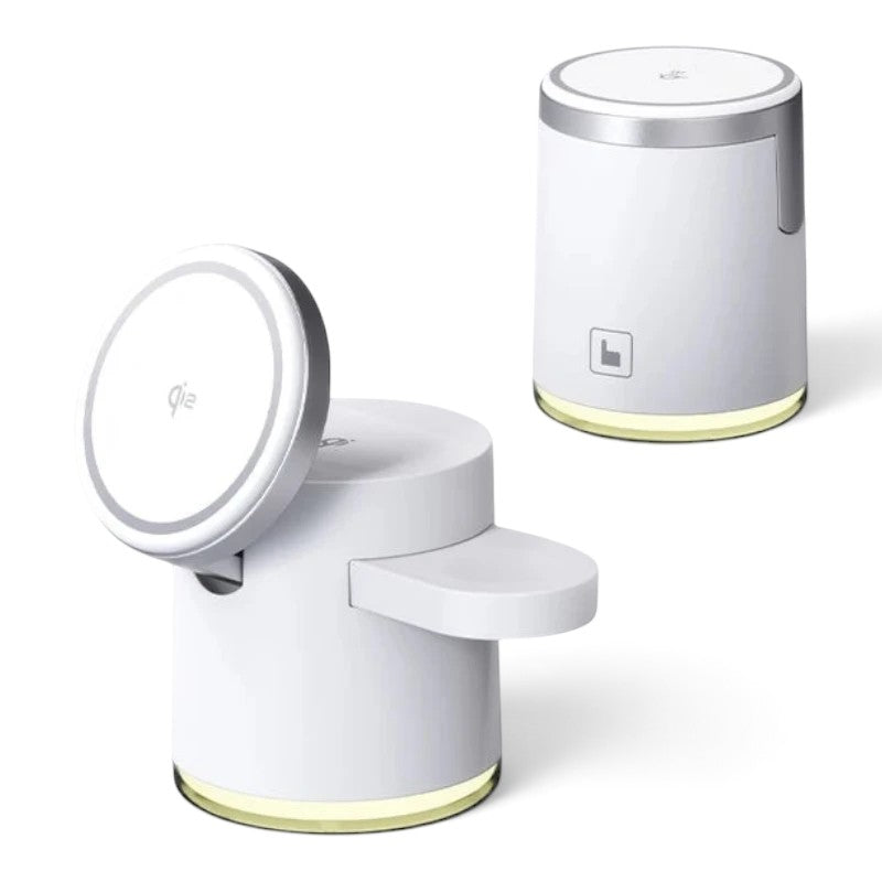 zero2cart white 3-in-1 foldable wireless charging station with magnetic phone stand and ambient night light base