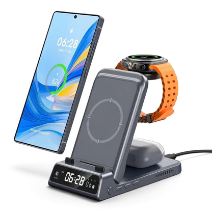 zero2cart 3-in-1 foldable wireless charging station with digital clock, charging a smartphone, watch, and earbuds.
