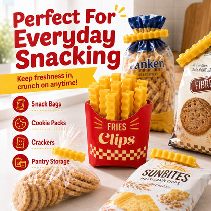 zero2cart yellow plastic french fry shaped bag clips sealing snack and food packages in a kitchen pantry setting