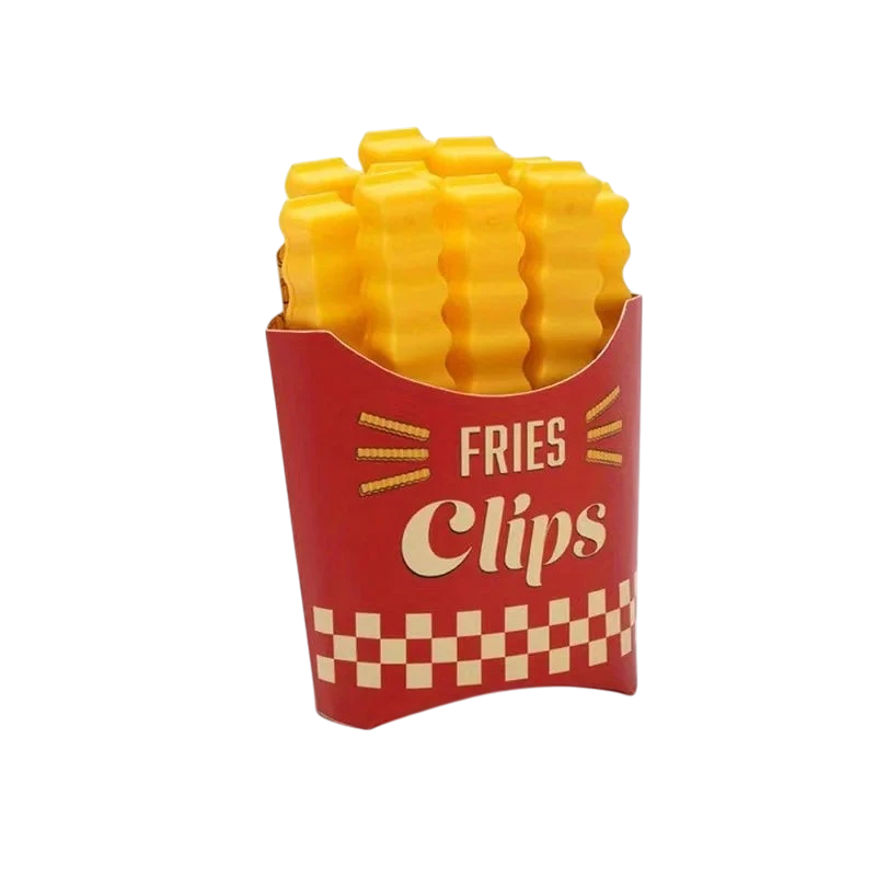 zero2cart French fry shaped plastic bag sealing clips in a red cardboard-style container for kitchen organization