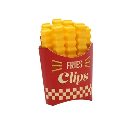 zero2cart French fry shaped plastic bag sealing clips in a red cardboard-style container for kitchen organization