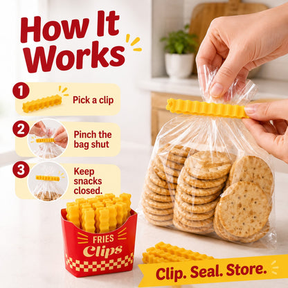 zero2cart yellow french fry shaped plastic bag clips sealing a snack bag in a kitchen setting