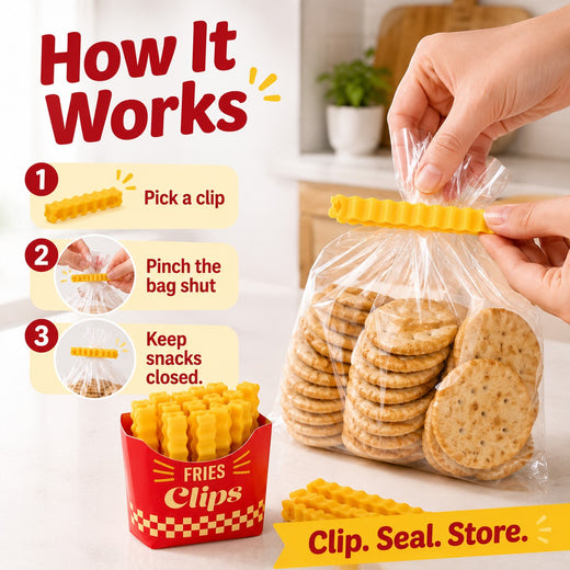 zero2cart yellow french fry shaped plastic bag clips sealing a snack bag in a kitchen setting
