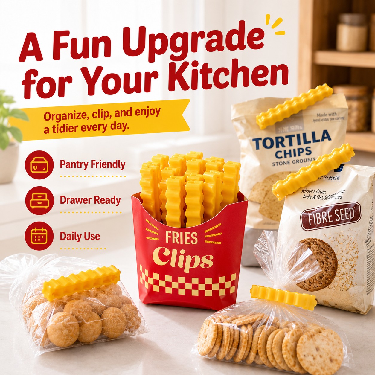 zero2cart yellow French fry shaped plastic bag sealing clips used to close snack bags on a kitchen counter