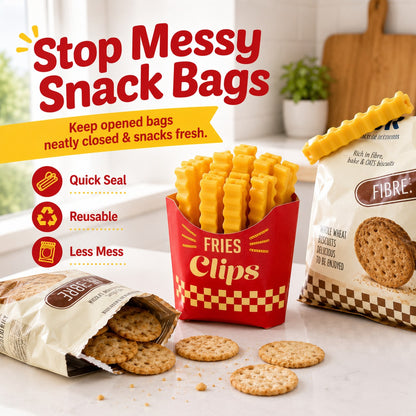 zero2cart reusable French fry shaped plastic bag sealing clips for snack bags on a kitchen counter