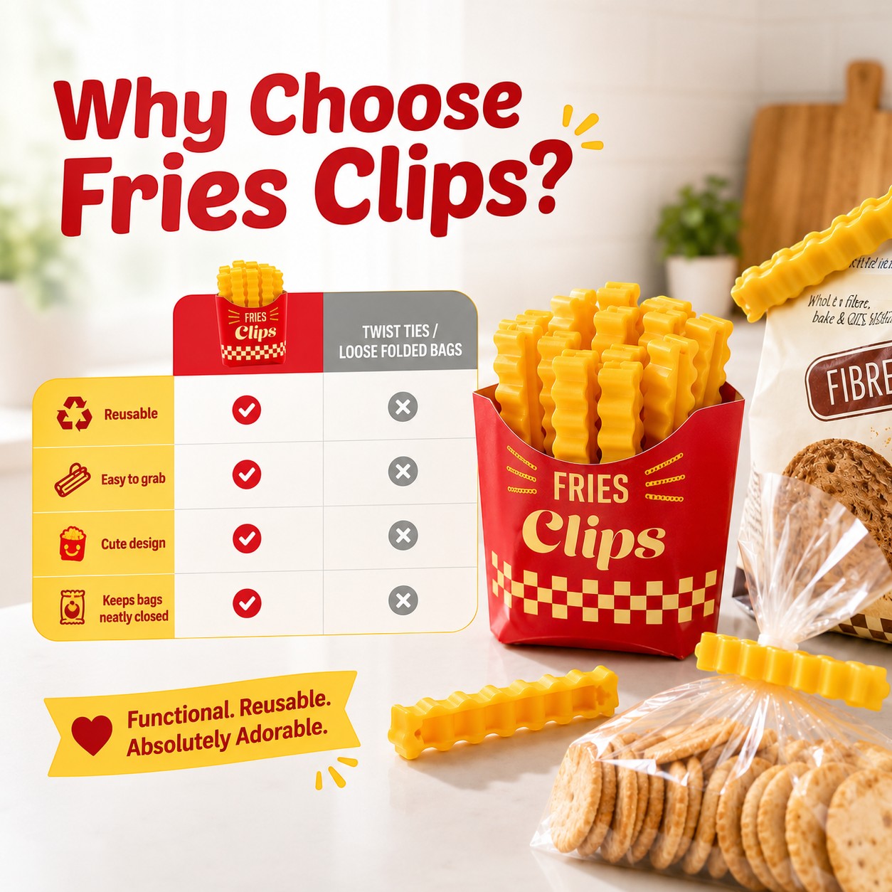 zero2cart French fry shaped plastic bag sealing clips for kitchen organization and snack storage