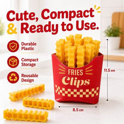 zero2cart French fry shaped plastic bag sealing clips in a red container for kitchen and pantry organization