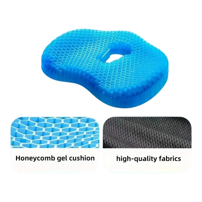 zero2cart blue U-shaped honeycomb gel seat cushion with a breathable fabric cover for cooling support and comfort.