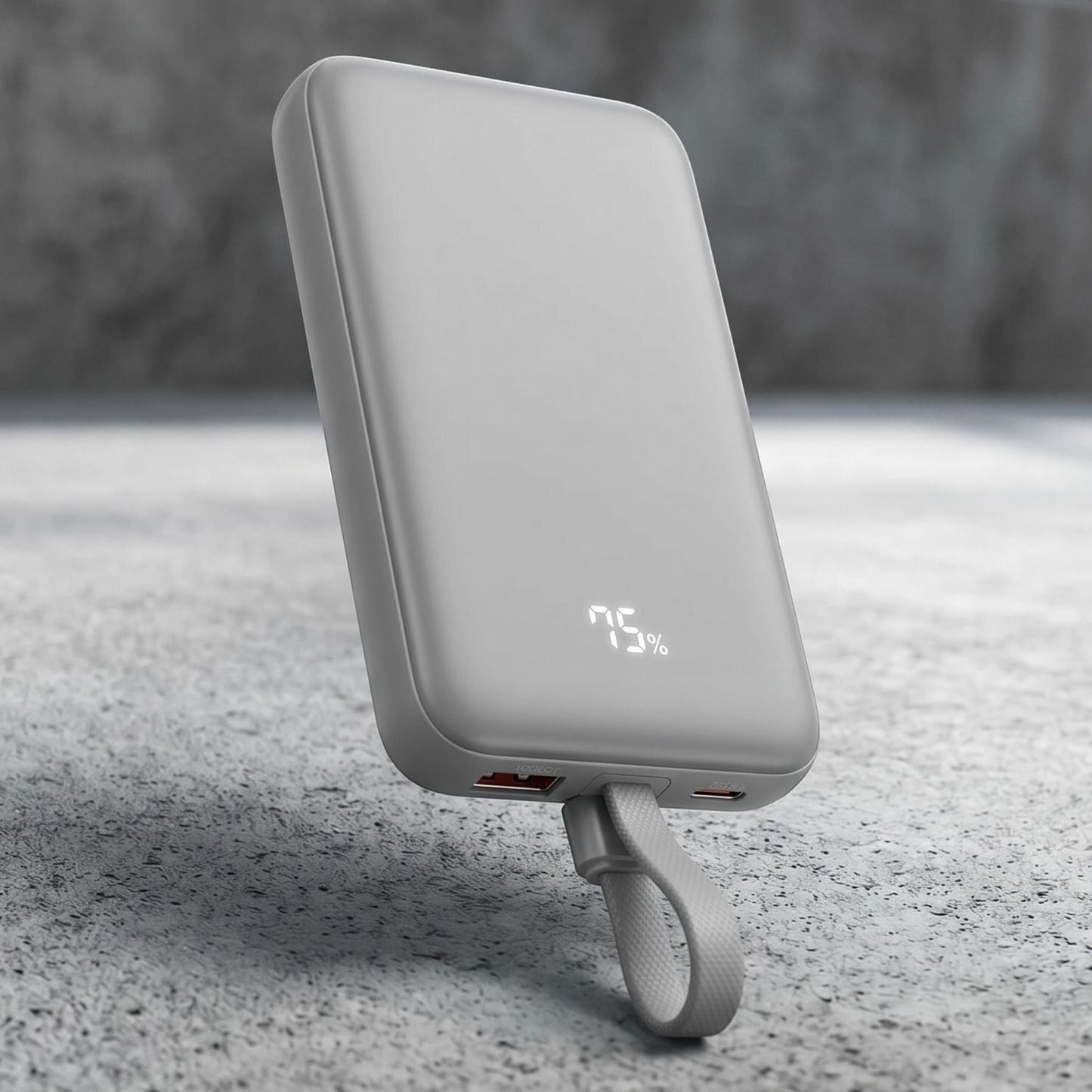 zero2cart 10000mAh magnetic wireless power bank in gray with a digital battery display and integrated carry loop.