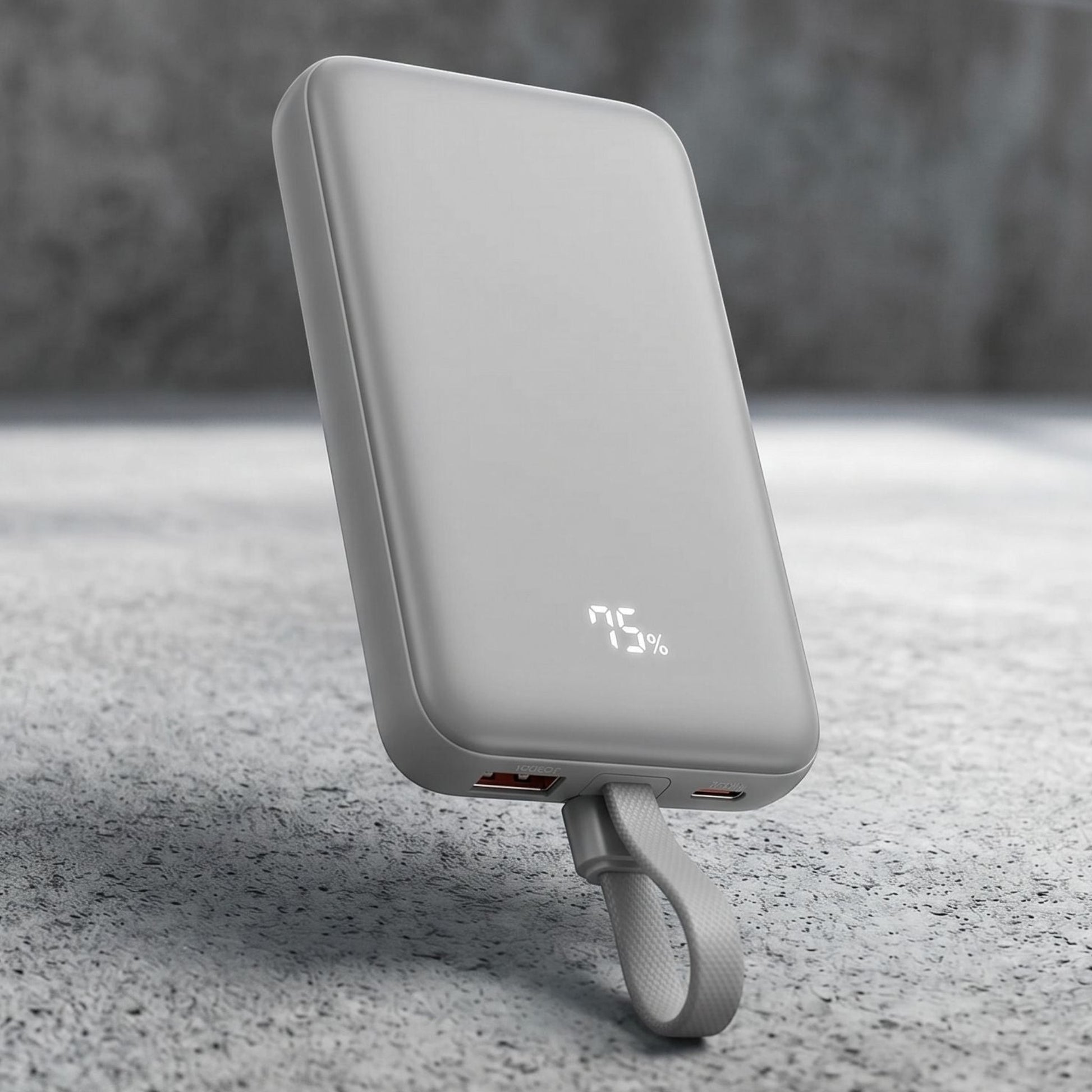 zero2cart 10000mAh magnetic wireless power bank in gray with a digital battery display and integrated carry loop.