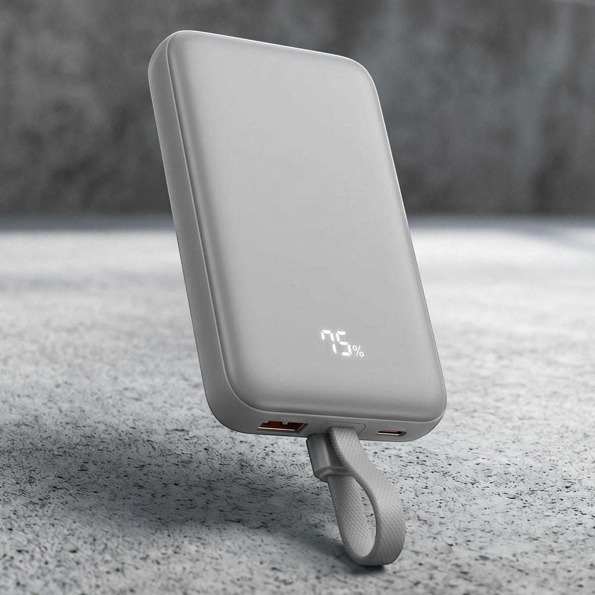zero2cart 10000mAh magnetic wireless power bank in gray with a digital battery display and integrated carry loop.