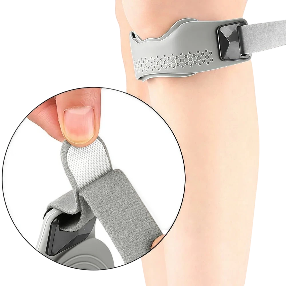 zero2cart gray adjustable patellar tendon support strap with contoured silicone pad and hook-and-loop closure on knee