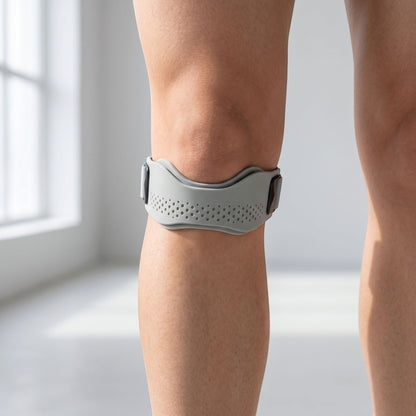 zero2cart gray adjustable patellar tendon support strap worn below the knee with a contoured silicone pad