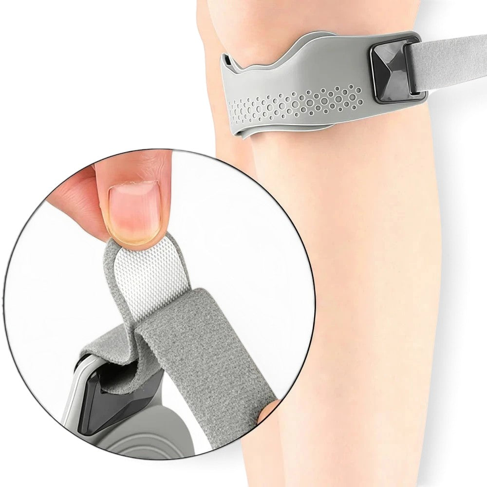 zero2cart gray adjustable patellar tendon support strap with contoured silicone pad and hook-and-loop closure on knee