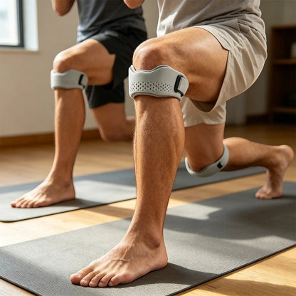 zero2cart gray adjustable patellar tendon support strap worn by a man doing lunges on a yoga mat for knee stability