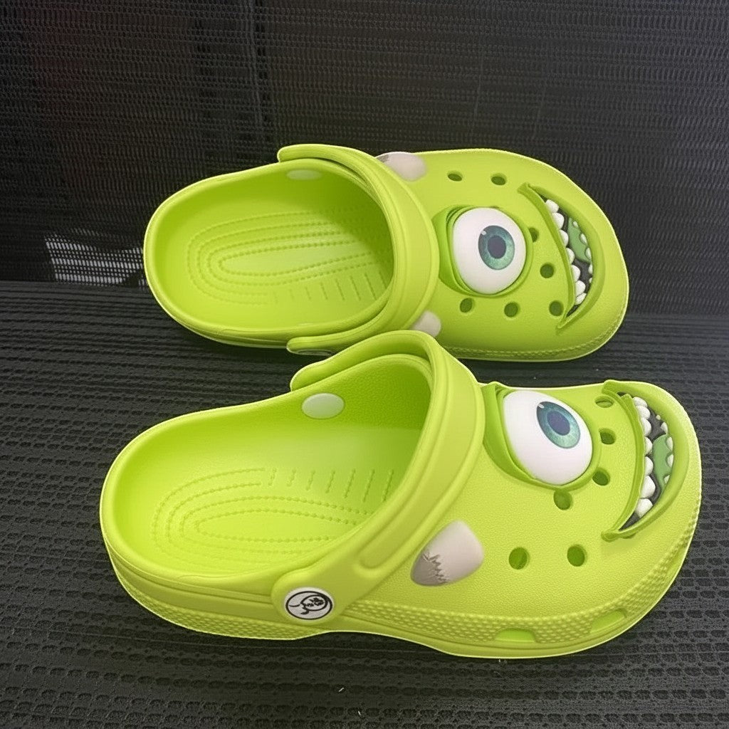 zero2cart bright green cartoon alien EVA slip-on sandals with a large eye and toothy grin design for indoor comfort