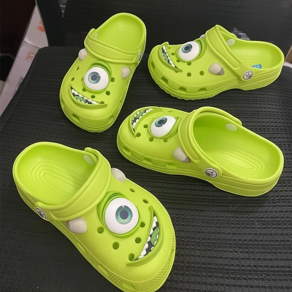 zero2cart bright green cartoon alien EVA slippers with a large eye and toothy grin design for casual indoor wear